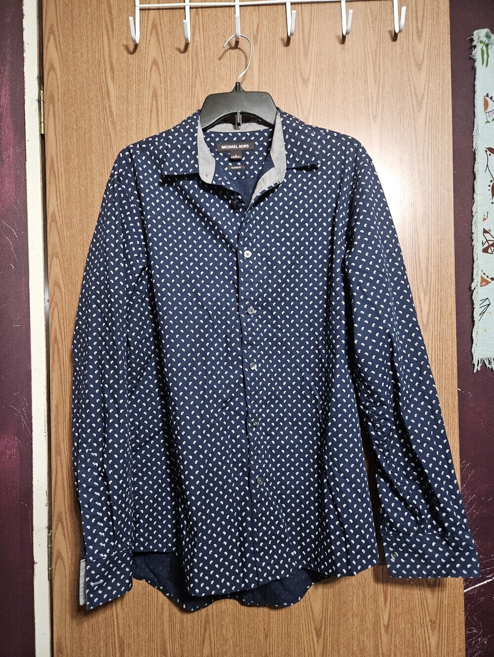 Michael Kors Navy Blue Paisley Print Dress Shirt Roll Sleeves Size Large!